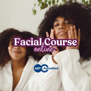 two women in robes applying face masks, overlay text says Online Facial & Skincare Course